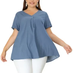 Agnes Orinda Women's Plus Size Blouse Casual V Neck Lounge Around Short Sleeve Solid Chambray Tops