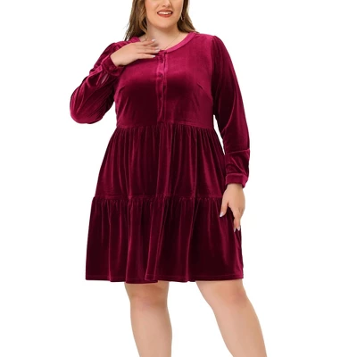 Agnes Orinda Women's Plus Size Velvet Winter Half Placket Pleat Long Sleeve Babydoll Dress 8 Agnes Orinda Women's Plus Size Velvet Winter Half Placket Pleat Long Sleeve Babydoll Dress - Image 6