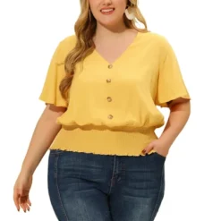Agnes Orinda Women's Plus Size Smocked Waist V Neck Button Up Short Sleeve Shirred Blouse -Agnes Orinda GUEST 8cde4ed6 81c5 49fd b483 7383aeaf32fe