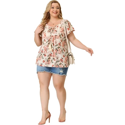 Agnes Orinda Women's Plus Size Chiffon Blouses Tie Neck Tassel Lace Insert Flare Short Sleeve Floral Tops 4 Agnes Orinda Women's Plus Size Chiffon Blouses Tie Neck Tassel Lace Insert Flare Short Sleeve Floral Tops - Image 2