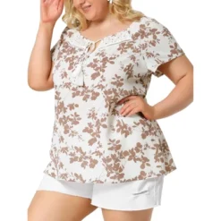 Agnes Orinda Women's Plus Size Floral Short Sleeve Square Tassel Tie Neck Peasant Tops -Agnes Orinda GUEST 8fd7371a 9ff7 4c84 9d67 c594c036a320