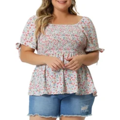 Agnes Orinda Women's Plus Size Floral Square Neck Smocked Bow Tie Short Sleeve Peplum Blouse -Agnes Orinda GUEST 90c8fc78 3547 43fd 9181 5cdb6d4ab9c8