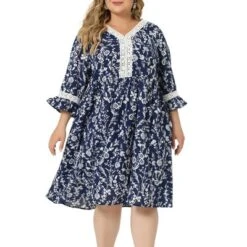 Agnes Orinda Women's Plus Size Retro V Neck Ruffle 3/4 Sleeve Floral Print Babydoll Flare Midi A Line Dresses -Agnes Orinda GUEST 915dcffc 004e 404b 85df 06249708ad35