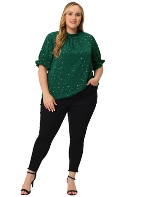 Agnes Orinda Women's Plus Size Work Pleated Keyhole Back Star Print Puff Sleeve Blouses 4 Agnes Orinda Women's Plus Size Work Pleated Keyhole Back Star Print Puff Sleeve Blouses - Image 2