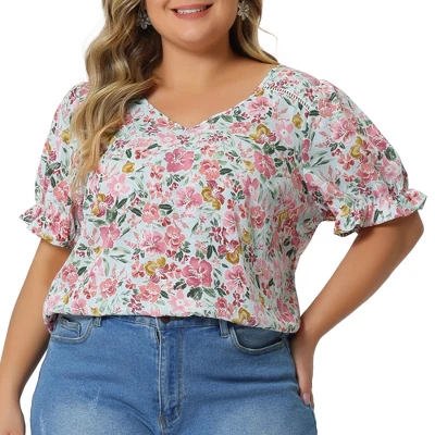 Agnes Orinda Women's Plus Size V Neck Ruffle Sleeve Floral Blouse 9 Agnes Orinda Women's Plus Size V Neck Ruffle Sleeve Floral Blouse - Image 7