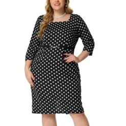 Agnes Orinda Women's Plus Size Formal Polka Dots 3/4 Sleeve Belt Bodycon Dress -Agnes Orinda GUEST 958e56b3 209c 440c 8671 bba038017437