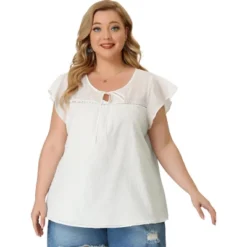 Agnes Orinda Women's Plus Size Blouses Casual Tie Neck Lace Insert Summer Ruffle Sleeve Tops -Agnes Orinda GUEST 979bfdf8 4b52 4df3 8d24 bd1fd0c52bbd