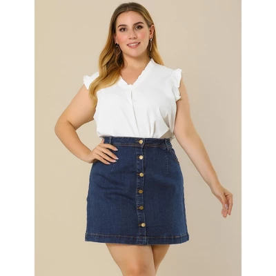 Agnes Orinda Women's Plus Size Denim Button Side Pocket Casual Jean A-Line Mini Skirt 5 Agnes Orinda Women's Plus Size Denim Button Side Pocket Casual Jean A-Line Mini Skirt - Image 3