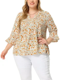 Agnes Orinda Women's Plus Size Pleated Ruffle 3/4 Sleeves V Neck Floral Blouse 14 Agnes Orinda Women's Plus Size Pleated Ruffle 3/4 Sleeves V Neck Floral Blouse -Agnes Orinda GUEST 98dd3a74 caa8 4227 be2d 4a617481d15d