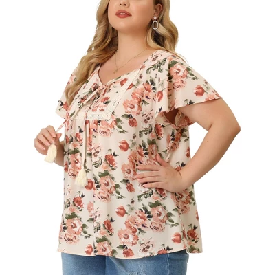 Agnes Orinda Women's Plus Size Chiffon Blouses Tie Neck Tassel Lace Insert Flare Short Sleeve Floral Tops 3 Agnes Orinda Women's Plus Size Chiffon Blouses Tie Neck Tassel Lace Insert Flare Short Sleeve Floral Tops