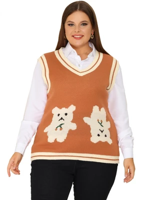 Agnes Orinda Women's Plus Size V Neck Bear Knit Sleeveless Pullover Sweaters Vest 4 Agnes Orinda Women's Plus Size V Neck Bear Knit Sleeveless Pullover Sweaters Vest - Image 2