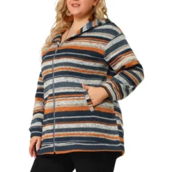 Agnes Orinda Women's Plus Size Zip Up Knit Stripe Printed Long Sleeve Boho Bohemian Hoodies Jackets
