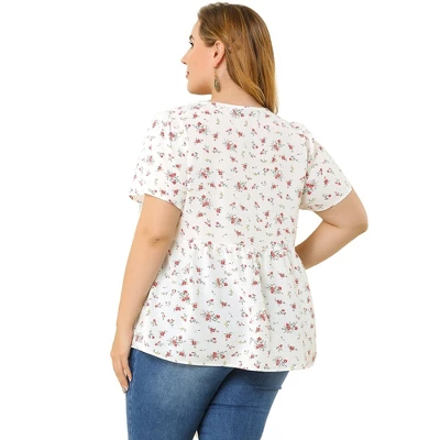 Agnes Orinda Women's Plus Size V Neck Ruffle Hem Short Sleeve Cinched Waist Floral Peplum Top 6 Agnes Orinda Women's Plus Size V Neck Ruffle Hem Short Sleeve Cinched Waist Floral Peplum Top - Image 4