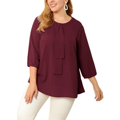 Agnes Orinda Women's Plus Size Chiffon 3/4 Sleeve Tie Front Work Elegant Blouse 8 Agnes Orinda Women's Plus Size Chiffon 3/4 Sleeve Tie Front Work Elegant Blouse - Image 6