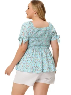 Agnes Orinda Women's Plus Size Floral Square Neck Smocked Bow Tie Short Sleeve Peplum Blouse -Agnes Orinda GUEST a3c1c6b9 b50c 4c3a b1ac 0e18a687a788