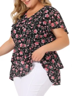 Agnes Orinda Women's Plus Size V Neck Floral Tiered Peplum Blouses