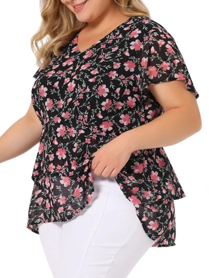 Agnes Orinda Women's Plus Size V Neck Floral Tiered Peplum Blouses 3 Agnes Orinda Women's Plus Size V Neck Floral Tiered Peplum Blouses