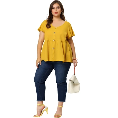 Agnes Orinda Women's Plus Size Summer Flare Sleeve Button Front Peplum Shirts 4 Agnes Orinda Women's Plus Size Summer Flare Sleeve Button Front Peplum Shirts - Image 2