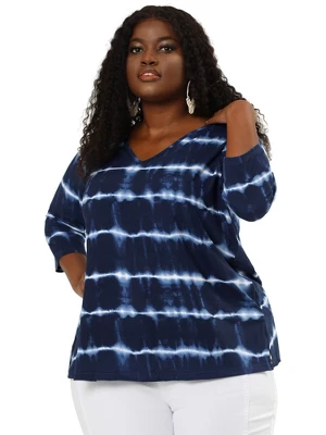 Agnes Orinda Women's Plus Size Tie Dye Side Slit 3/4 Sleeve Stripe V Neck Blouses 5 Agnes Orinda Women's Plus Size Tie Dye Side Slit 3/4 Sleeve Stripe V Neck Blouses - Image 3