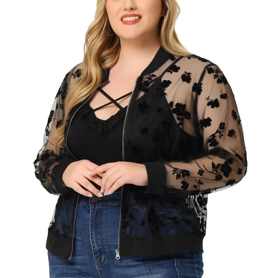 Agnes Orinda Women's Plus Size Bomber Mesh Sheer Floral Lace Long Sleeve Jackets 3 Agnes Orinda Women's Plus Size Bomber Mesh Sheer Floral Lace Long Sleeve Jackets