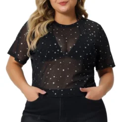 Agnes Orinda Women's Plus Size Silver Star Club Mesh Sheer Trendy Crop Blouses -Agnes Orinda GUEST a4a1f0d5 6998 49d6 85d2 4d1e1174fd04