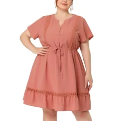 Agnes Orinda Women's Plus Size Elegant Short Sleeve Tie Waist Ruffle Hem At Kness Dresses -Agnes Orinda GUEST a80c2b98 b785 48af af02 6cc4b8bdfc8c