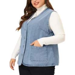 Agnes Orinda Women's Plus Size Sleeveless Denim Button Down V Neck Jean Vest