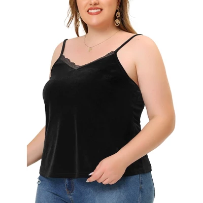 Agnes Orinda Women's Plus Size Tops V Neck Velvet Lace Trim Cami Tank Tops 2 Agnes Orinda Women's Plus Size Tops V Neck Velvet Lace Trim Cami Tank Tops