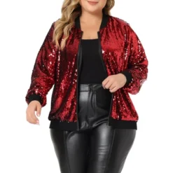 Agnes Orinda Women's Plus Size Party Metallic Sequin Sparkle Zip Bomber Jackets -Agnes Orinda GUEST a8d85a8f 09f7 477d 8335 a4c064565bb9