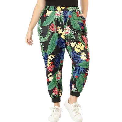 Agnes Orinda Women's Plus Size Adjustable Elastic Waist Pockets Tropical Harem Jogger Pants 3 Agnes Orinda Women's Plus Size Adjustable Elastic Waist Pockets Tropical Harem Jogger Pants