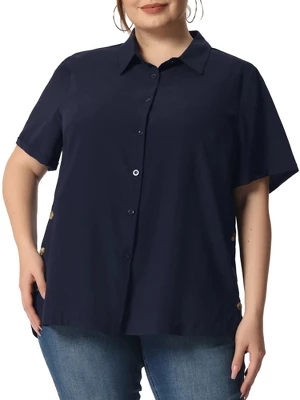 Agnes Orinda Women's Plus Size Sheer Button Front Side Slit Roll Up Sleeve Shirt 9 Agnes Orinda Women's Plus Size Sheer Button Front Side Slit Roll Up Sleeve Shirt - Image 7