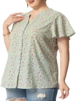 Agnes Orinda Women's Plus Size Floral Flare Short Sleeve Button Down Chiffon Shirt -Agnes Orinda GUEST aaee97e8 a92d 4a7d 91ab 796eb2208212