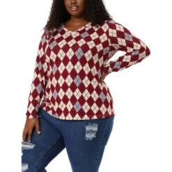 Agnes Orinda Women's Plus Size V Neck Argyle Long Sleeve Stretch Knit Pullover Top -Agnes Orinda GUEST adce3b41 6c81 4372 b686 4d1b096752ef