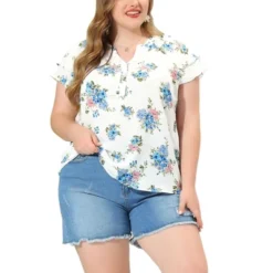 Agnes Orinda Women's Plus Size Layered Sleeve V Neck Floral Print Ruffle Casual Blouses -Agnes Orinda GUEST ae2409ff 4a7a 4e16 83db ec17865783ce