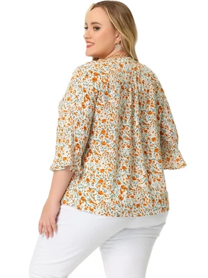 Agnes Orinda Women's Plus Size Pleated Ruffle 3/4 Sleeves V Neck Floral Blouse 5 Agnes Orinda Women's Plus Size Pleated Ruffle 3/4 Sleeves V Neck Floral Blouse - Image 3