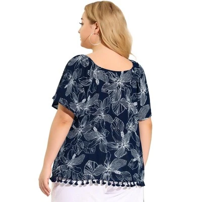 Agnes Orinda Women's Plus Size Blouse Floral Off Shoulder Tassel Hem Casual Top 6 Agnes Orinda Women's Plus Size Blouse Floral Off Shoulder Tassel Hem Casual Top - Image 4