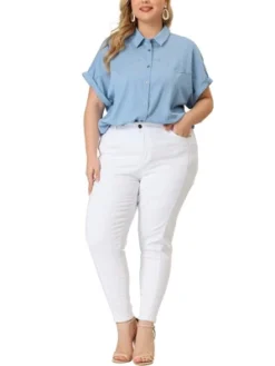 Agnes Orinda Women's Plus Size Chambray Work Roll Sleeves Buttons Down Shirts
