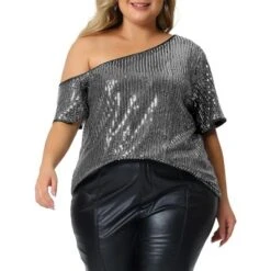 Agnes Orinda Women's Plus Size Sequin Sparkly One Shoulder Short Sleeve Party Blouses -Agnes Orinda GUEST b05badf6 b13d 43c2 8635 504d0a48741f