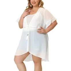 Agnes Orinda Women's Plus Size Hollow Out Ruffle Short Sleeve Midi Spring Cardigans
