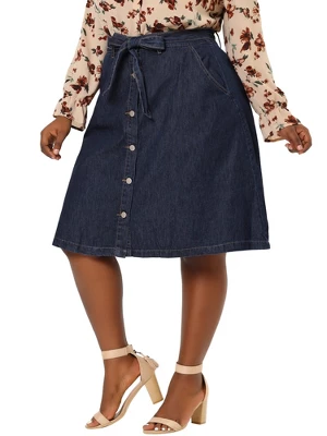 Agnes Orinda Women's Plus Size Denim Tie Waist Button Front A-Line Midi Skirts 9 Agnes Orinda Women's Plus Size Denim Tie Waist Button Front A-Line Midi Skirts - Image 7