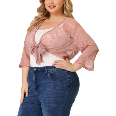 Agnes Orinda Women's Plus Size Tie Front Lace Hollow Out Crop Shrug 11 Agnes Orinda Women's Plus Size Tie Front Lace Hollow Out Crop Shrug - Image 9