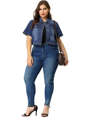 Agnes Orinda Women Plus Size Denim Jacket Crop Fray Roll Short Sleeves Jean Jackets 4 Agnes Orinda Women Plus Size Denim Jacket Crop Fray Roll Short Sleeves Jean Jackets - Image 2