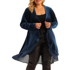Agnes Orinda Women's Plus Size Velvet Long Sleeve Irregular Draped Mesh Hem Open Front Cardigan -Agnes Orinda GUEST b4cc31e4 d7cc 4a71 a144 7dff27e8ca31