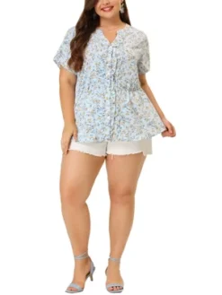 Agnes Orinda Women's Plus Size Chiffon Button Ditsy Floral Peplum Shirts