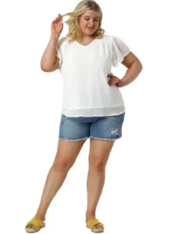 Agnes Orinda Women's Plus Size Pin Dots V Neck Smocked Bell Short Sleeve Top -Agnes Orinda GUEST b56cbb80 dd2a 4305 aeba 9f77bff62649