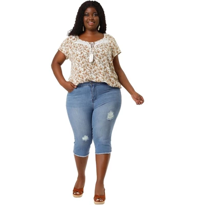 Agnes Orinda Women's Plus Size Capri Ripped Slash Pocket Raw Hem Denim Jeans 4 Agnes Orinda Women's Plus Size Capri Ripped Slash Pocket Raw Hem Denim Jeans - Image 2