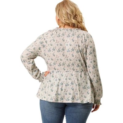 Agnes Orinda Women's Plus Size Floral Ruffle Neck Drawstring Waist Long Sleeve Peplum Tops 6 Agnes Orinda Women's Plus Size Floral Ruffle Neck Drawstring Waist Long Sleeve Peplum Tops - Image 4