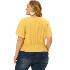 Agnes Orinda Women's Plus Size Smocked Waist V Neck Button Up Short Sleeve Shirred Blouse -Agnes Orinda GUEST b6ef1099 d217 4120 9a37 308c4f800e0f