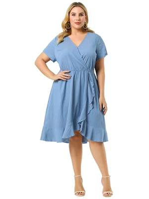 Agnes Orinda Women's Plus Size Faux Wrap Elastic Waist V Neck Chambray Ruffle Dress 4 Agnes Orinda Women's Plus Size Faux Wrap Elastic Waist V Neck Chambray Ruffle Dress - Image 2