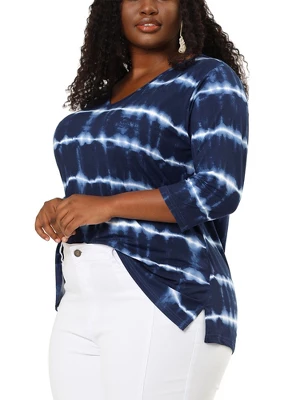 Agnes Orinda Women's Plus Size Tie Dye Side Slit 3/4 Sleeve Stripe V Neck Blouses 3 Agnes Orinda Women's Plus Size Tie Dye Side Slit 3/4 Sleeve Stripe V Neck Blouses